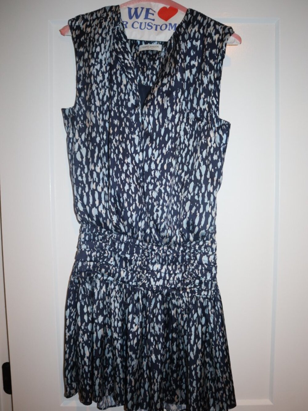 Ramy Brook Navy Blue Abstract Print Sleeveless Ruched Waist Mini Dress